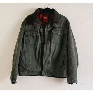 Levi's Military Blanket Lined Jacket Size L Red Buffalo Plaid Liner Olive Green